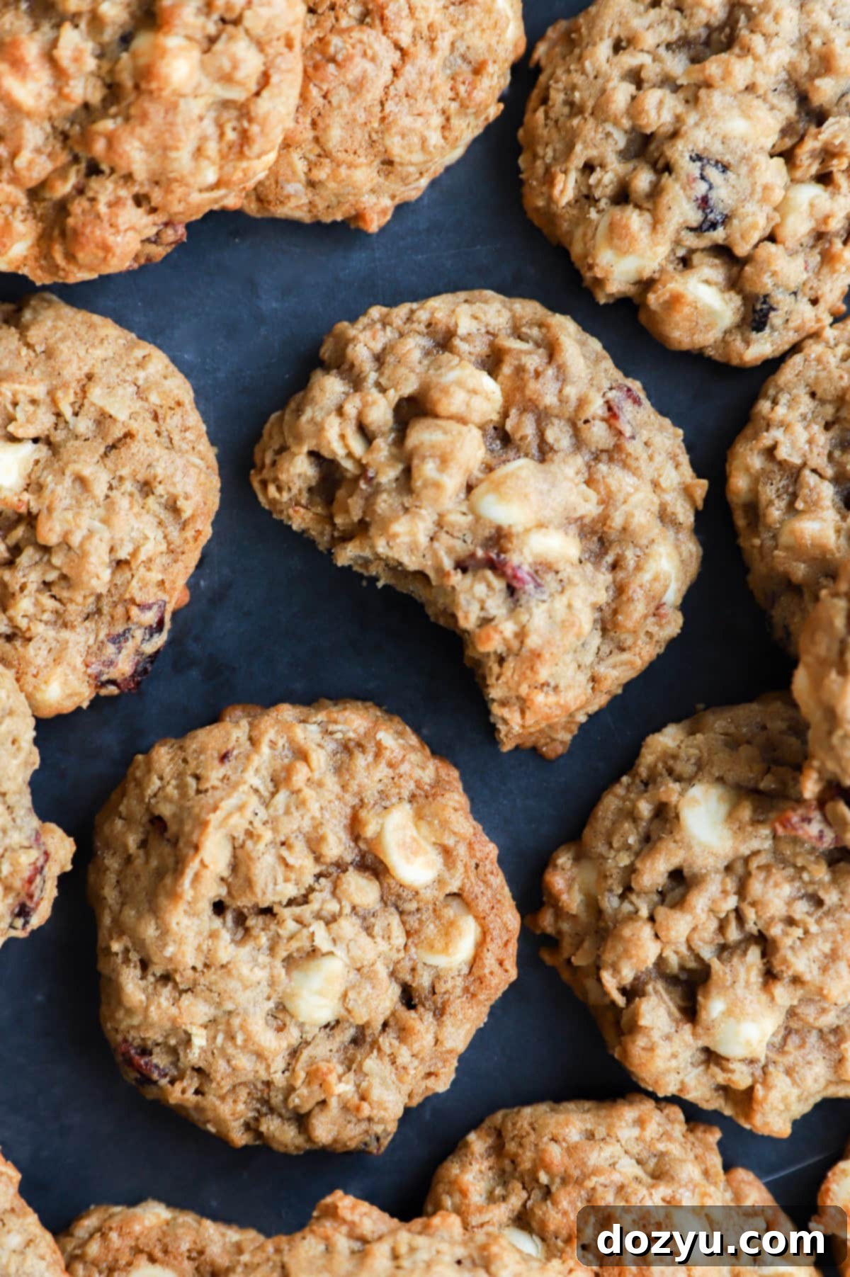 Cranberry White Chocolate Oatmeal Delights 13 Image of holiday treats with a bite taken out of it