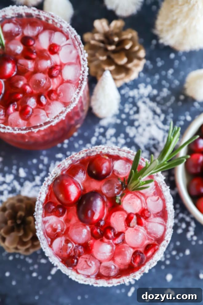 Frosted Fiesta Margarita 2 Pomegranate cocktail over ice with rosemary