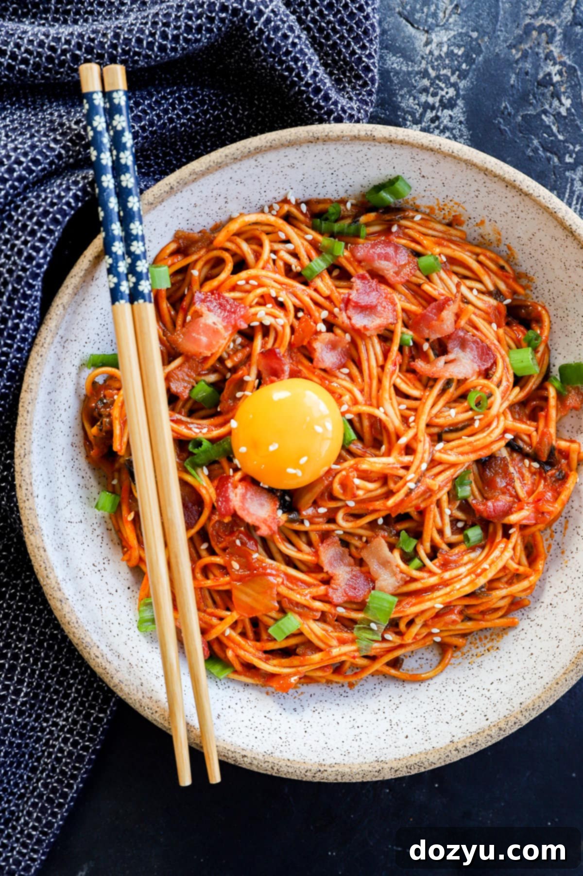 Kimchi Udon 10 easy 20 minute noodle dish with egg yolk on top