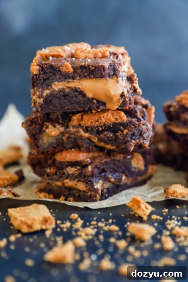 Decadent Biscoff Brownies 1 Cookie butter brownies in a stack