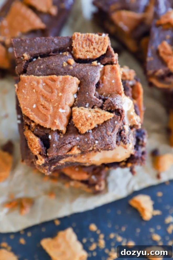 Decadent Biscoff Brownies 2 Overhead image of a stack of chocolate treats
