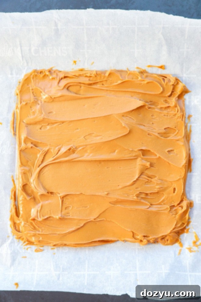 Decadent Biscoff Brownies 4 cookie butter spread in an even layer to freeze