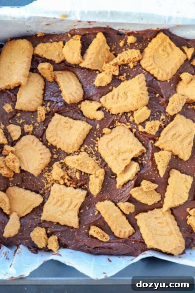 Decadent Biscoff Brownies 6 biscoff brownies before baking in the oven