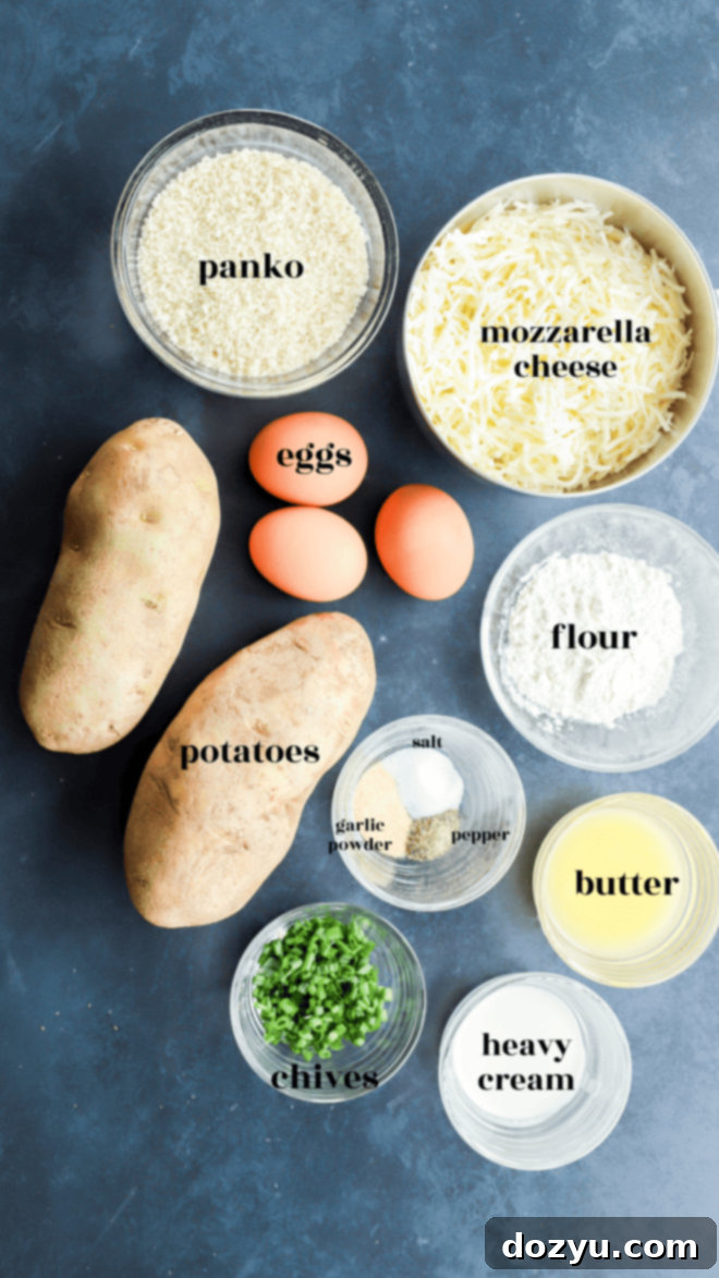 Golden Cheesy Potato Bites 4 Ingredients for Potato Cheese Balls laid out on a table