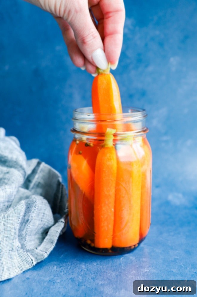 Zesty Rapid Pickled Carrots 2 Hand pulling out a quick pickled carrot from a jar, showcasing its vibrant color and crisp texture.