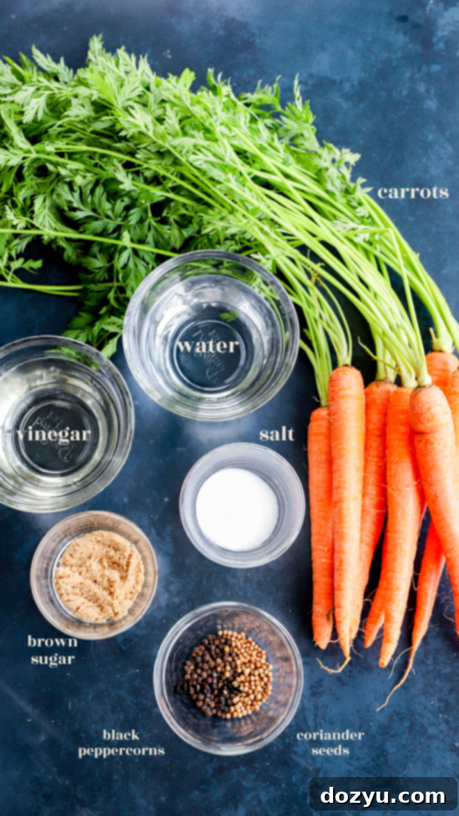 Zesty Rapid Pickled Carrots 4 Key ingredients for quick pickled carrots laid out with text labels, including carrots, vinegar, water, peppercorns, coriander seeds, salt, and sugar.