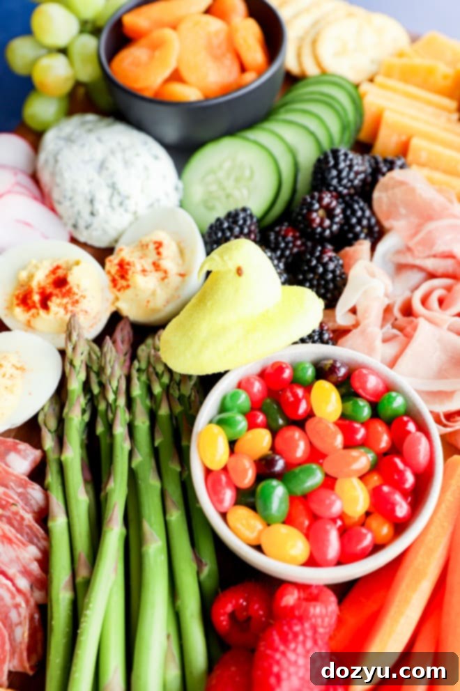 Hoppy Easter Platter 10 peeps and jelly beans with veggies and fruits on a snack spread