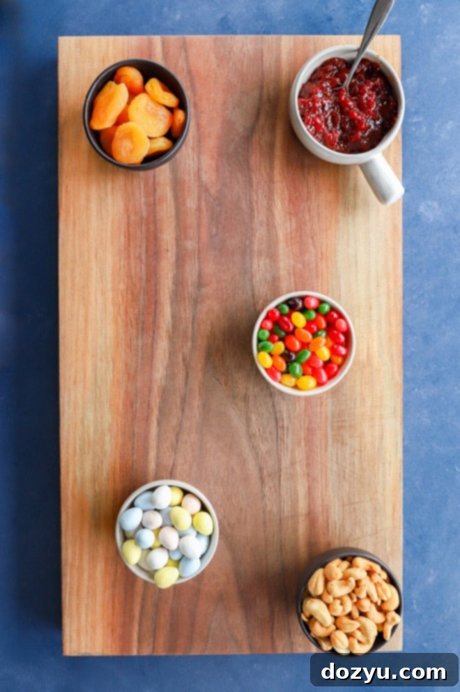 Hoppy Easter Platter 4 bowls added to snack platter with candy and nuts