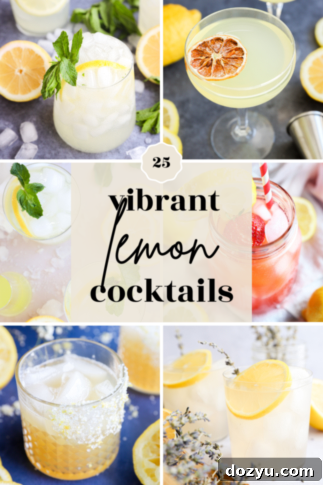 Lemon Zest: 25 Refreshing Cocktails 2 Assortment of vibrant lemon cocktails with fresh lemon slices and garnishes, perfect for a refreshing happy hour.