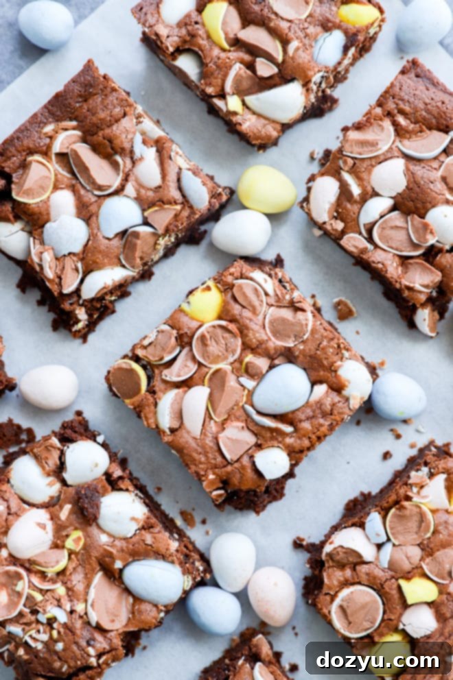 Hoppy Easter Brownies 2 mini eggs on top of chocolate baked treats