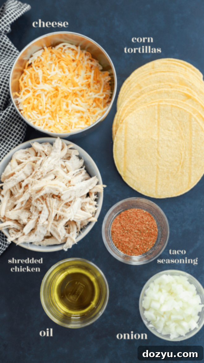 Zesty Crispy Chicken Tacos with Creamy Avocado Tomatillo 3 A collage of ingredients for crispy chicken tacos including shredded chicken, tortillas, cheese, onion, and taco seasoning.