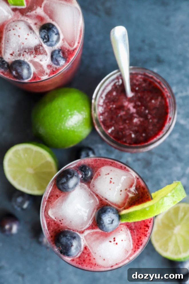 Blueberry Margarita 2 Glasses with fresh fruit cocktail with tequila and lime juice, garnished with blueberries and lime slices.