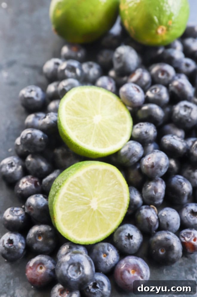 Blueberry Margarita 3 Fresh blueberries and lime halves, key ingredients for a vibrant blueberry margarita cocktail.
