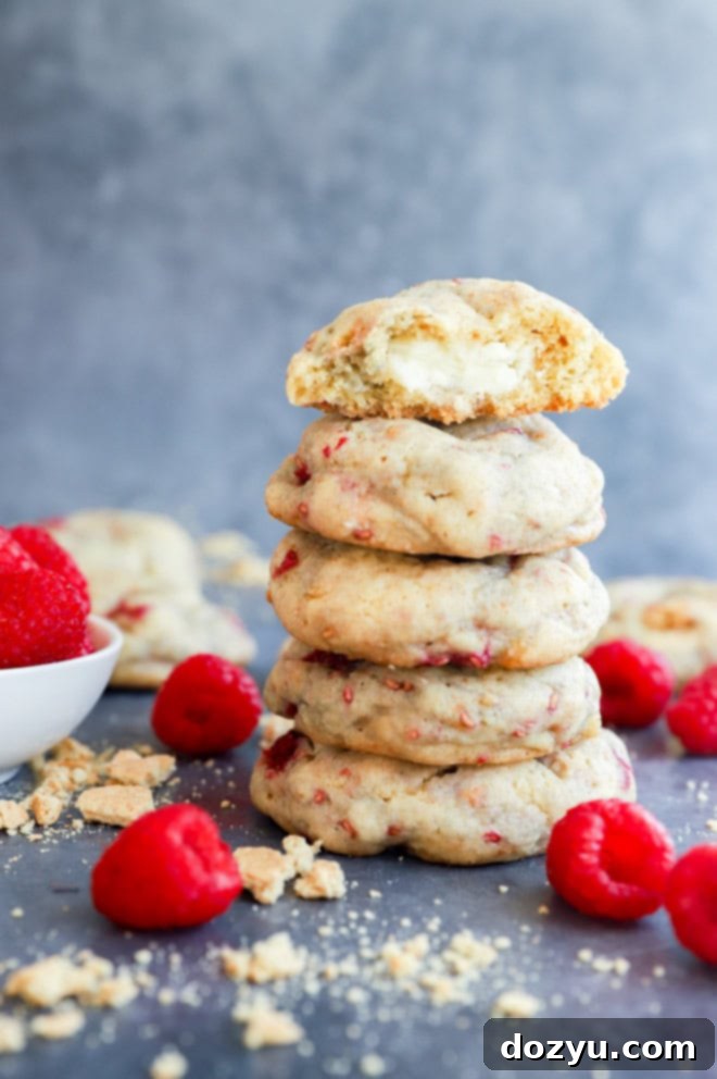 Raspberry Cheesecake Cookie Fusion 2 stack of baked fruity treats with fresh raspberries