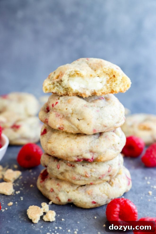Raspberry Cheesecake Cookie Fusion 10 bite taken out of raspberry cheesecake cookie on a pile of cookies with fresh raspberries