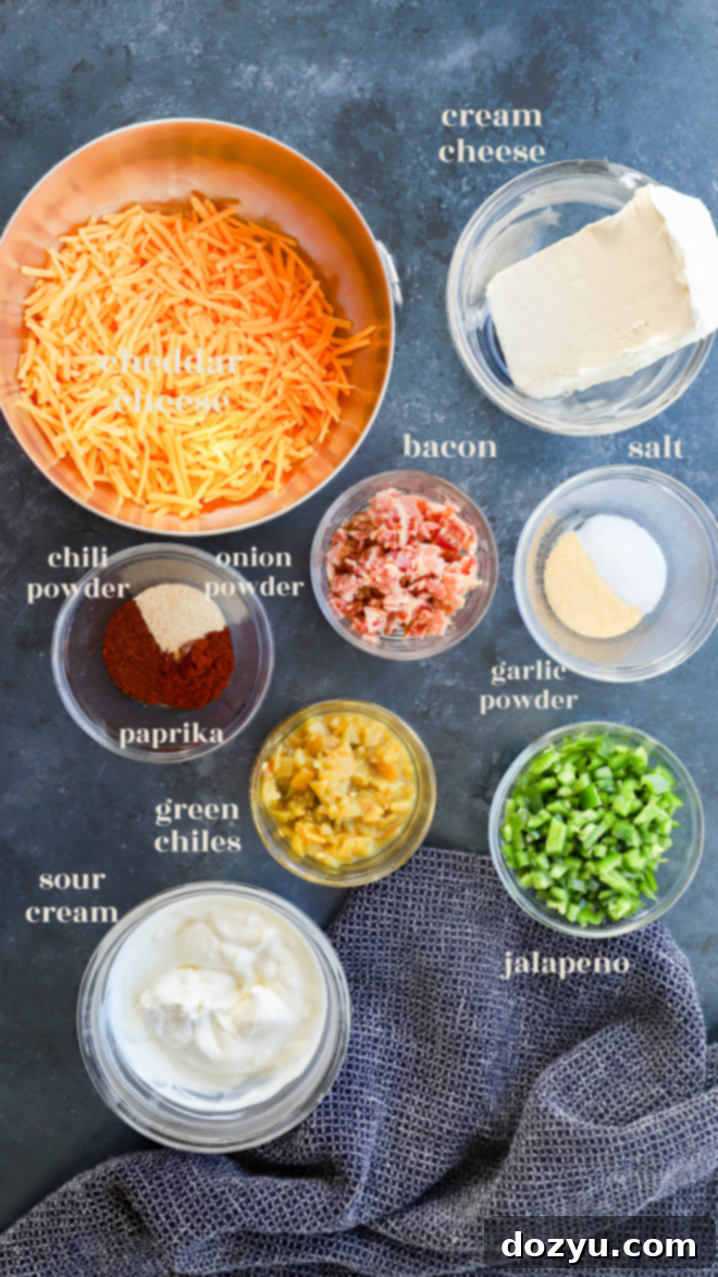 Zingy Cheesy Jalapeno Spread 4 jalapeno popper dip ingredients image with text labels and ingredients in bowls