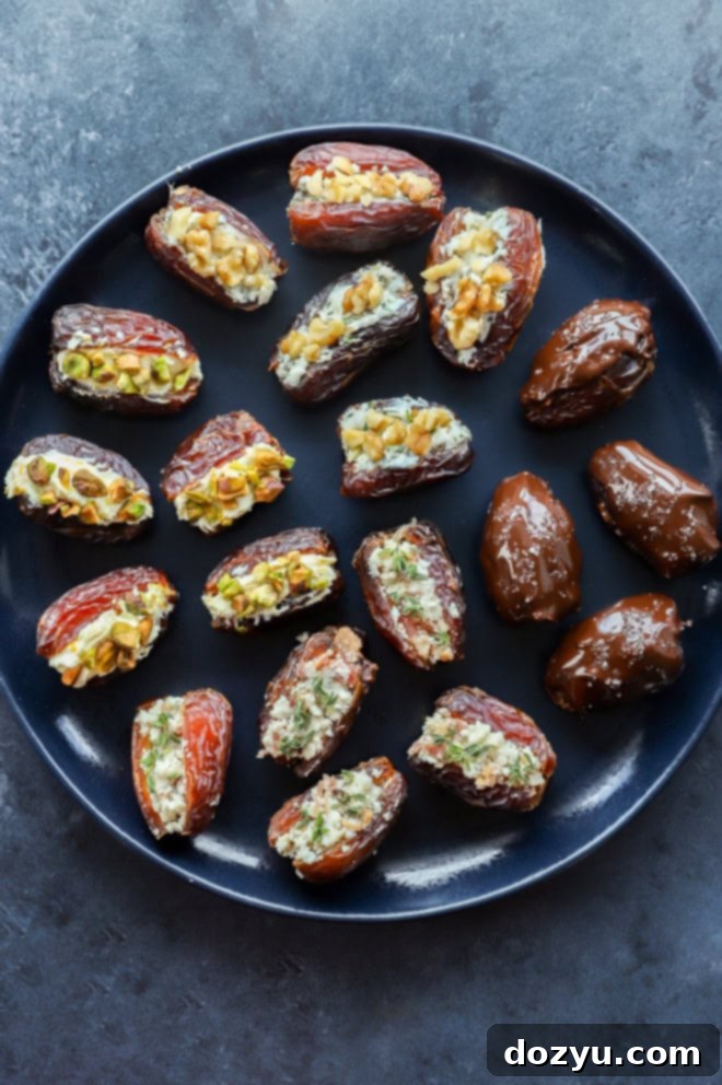 Elevate Your Dates: 4 Irresistible Stuffings 2 Stuffed dates four ways on a plate, showcasing a variety of sweet and savory fillings