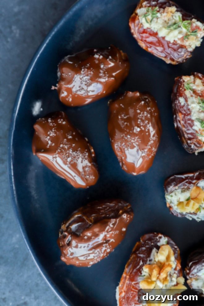 Elevate Your Dates: 4 Irresistible Stuffings 13 A plate of chocolate-covered stuffed dates, highlighting the sweet variations