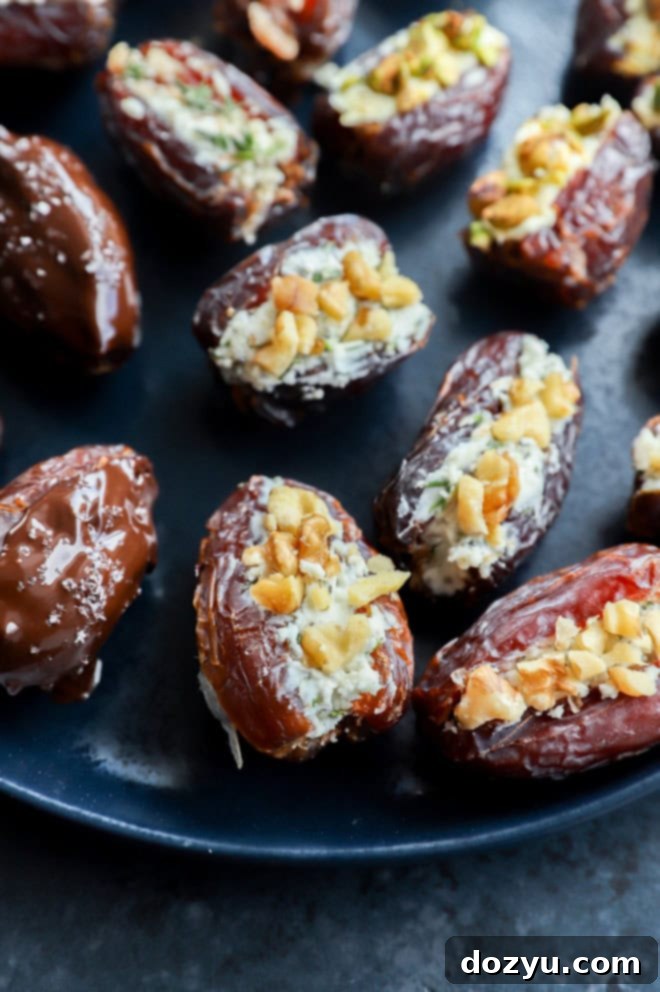 Elevate Your Dates: 4 Irresistible Stuffings 14 A plate of assorted stuffed dates, showcasing both savory and sweet varieties