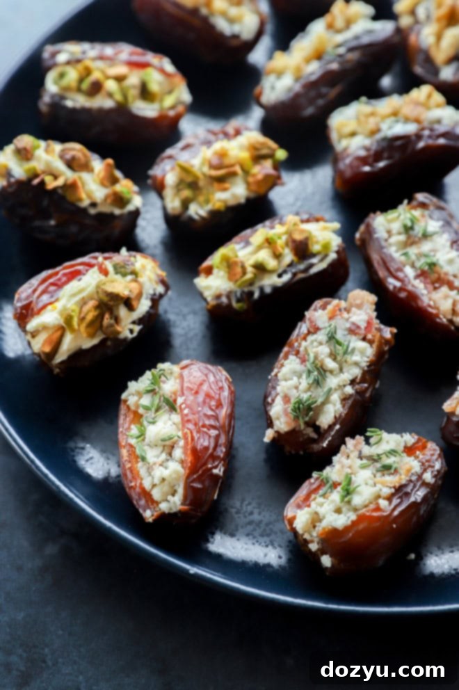 Elevate Your Dates: 4 Irresistible Stuffings 3 Plate with a variety of easy stuffed dates, perfect as a snack or appetizer for any occasion