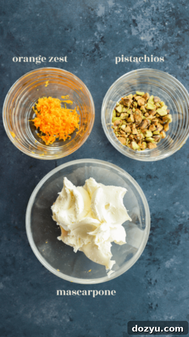 Elevate Your Dates: 4 Irresistible Stuffings 8 Bowls of mascarpone cheese, orange zest, and crushed pistachios, ready for stuffing dates