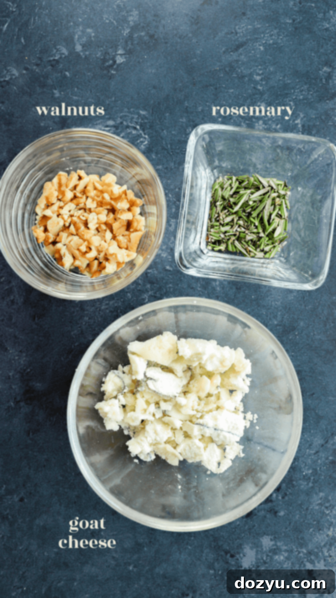 Elevate Your Dates: 4 Irresistible Stuffings 9 Bowls of goat cheese, walnuts, and fresh rosemary, prepared for a savory date filling