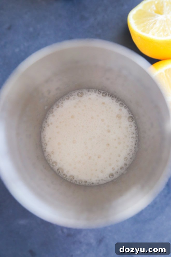 The Disaronno Sour 3 Foamy cocktail in a shaker without ice and fresh lemon halves