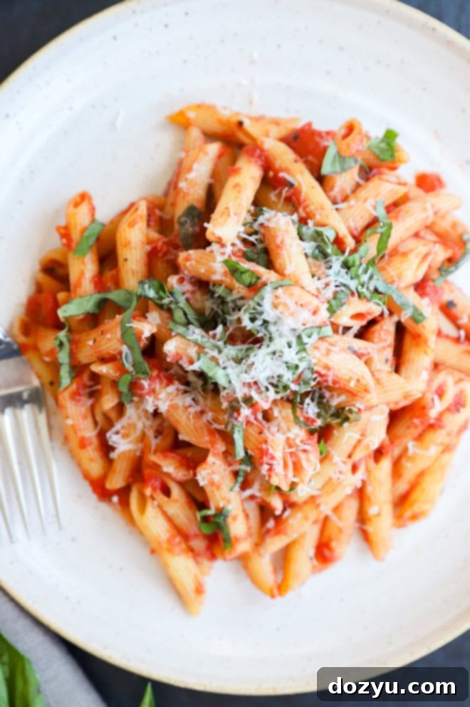 Penne with Tomato Sauce 2 Tomato pasta on plate with fork
