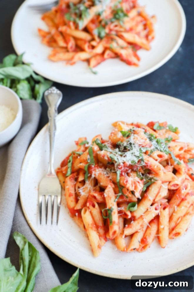 Penne with Tomato Sauce 8 Easy Italian pasta dish on plate with fresh basil and cheese