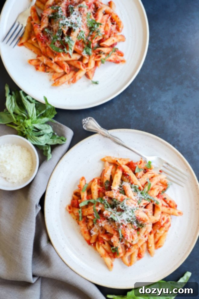 Penne with Tomato Sauce 9 Plates of pasta with fresh basil leaves and freshly grated parmesan cheese