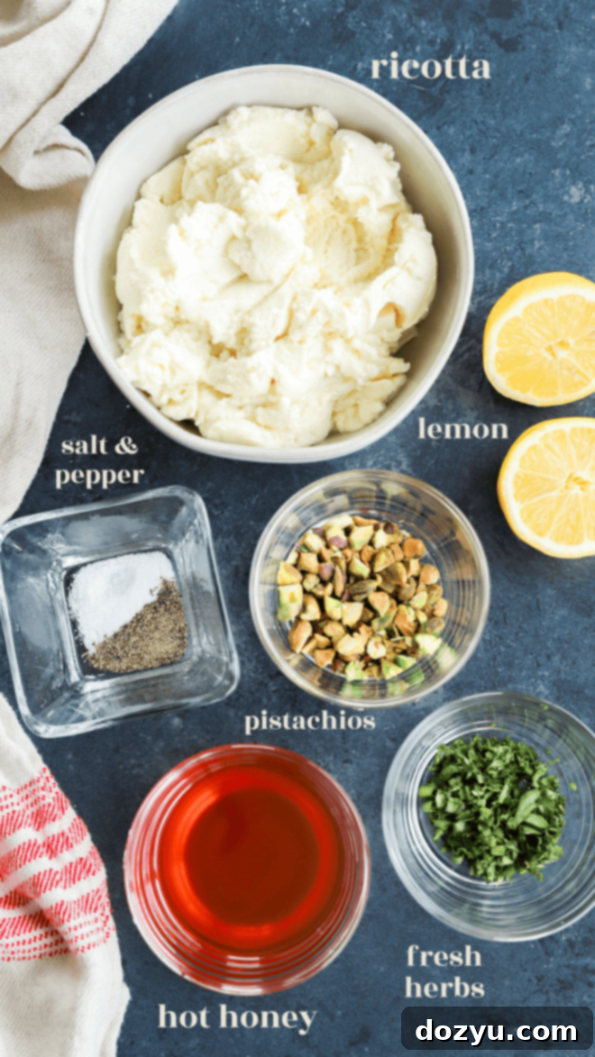 Simple Whipped Ricotta 4 whipped ricotta ingredients and toppings with text labels on image