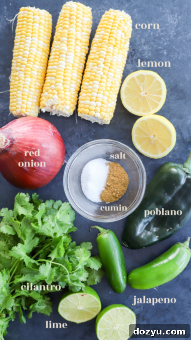 Smoky Roasted Corn Salsa 3 roasted chili corn salsa ingredients image with text