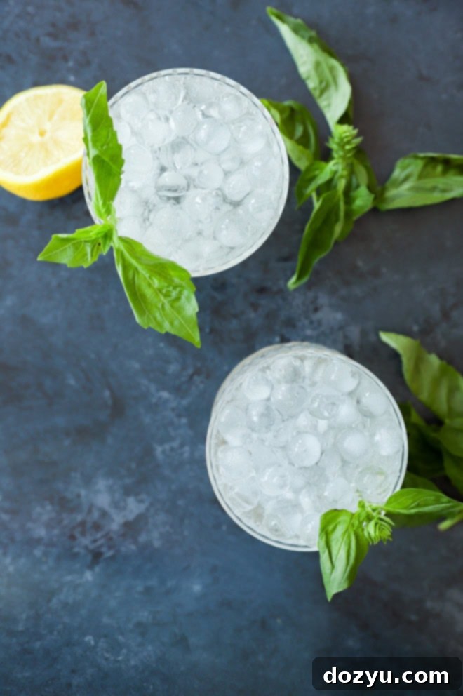 Gin Basil Smash 7 Two Gin Basil Smash cocktails garnished with basil and lemon, set against a bright background.