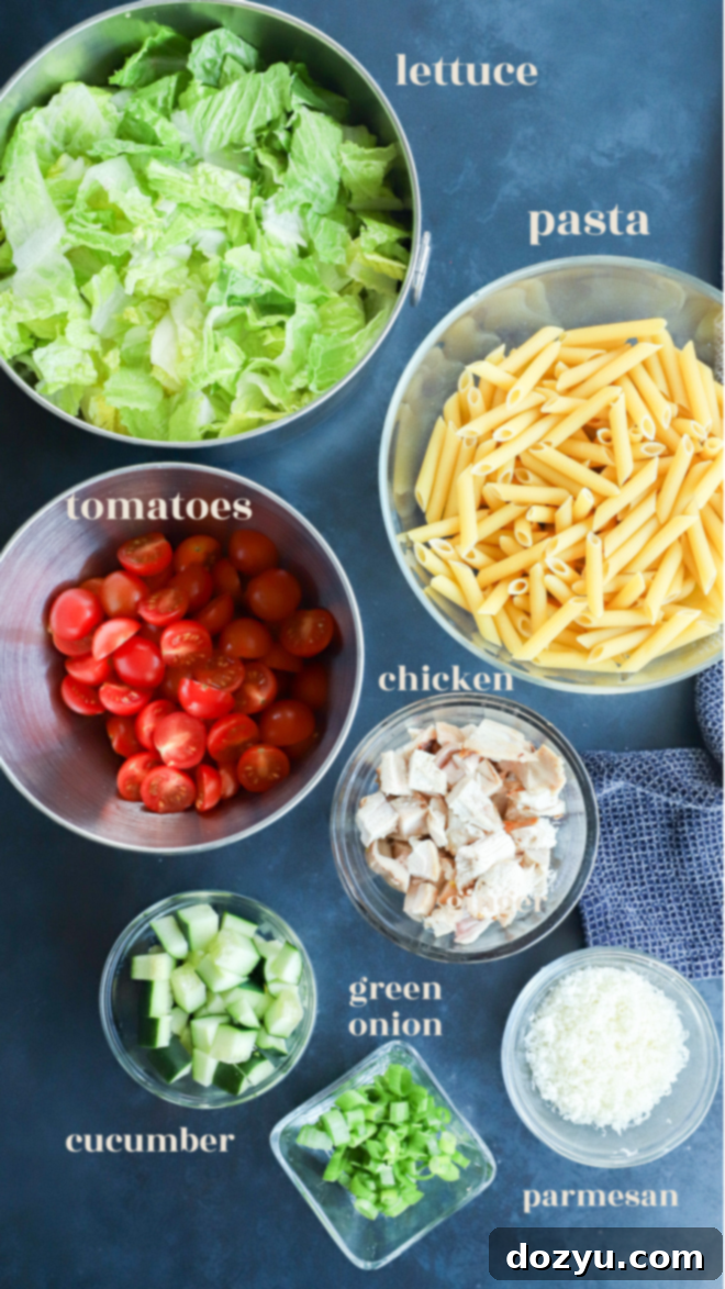 Creamy Caesar Chicken Pasta 3 chicken caesar pasta salad ingredients in bowls with text labels