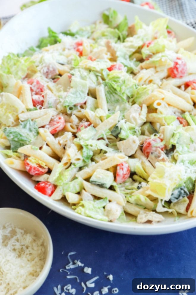 Creamy Caesar Chicken Pasta 5 bowl of a healthy chicken caesar pasta salad