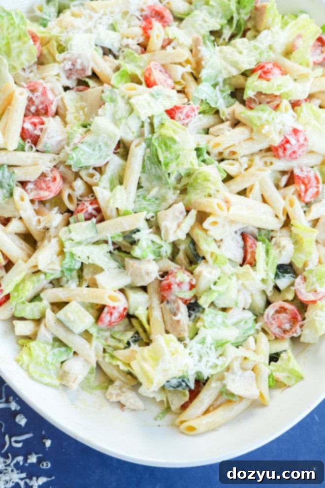 Creamy Caesar Chicken Pasta 6 overhead image of easy chicken salad in a bowl with fresh vegetables
