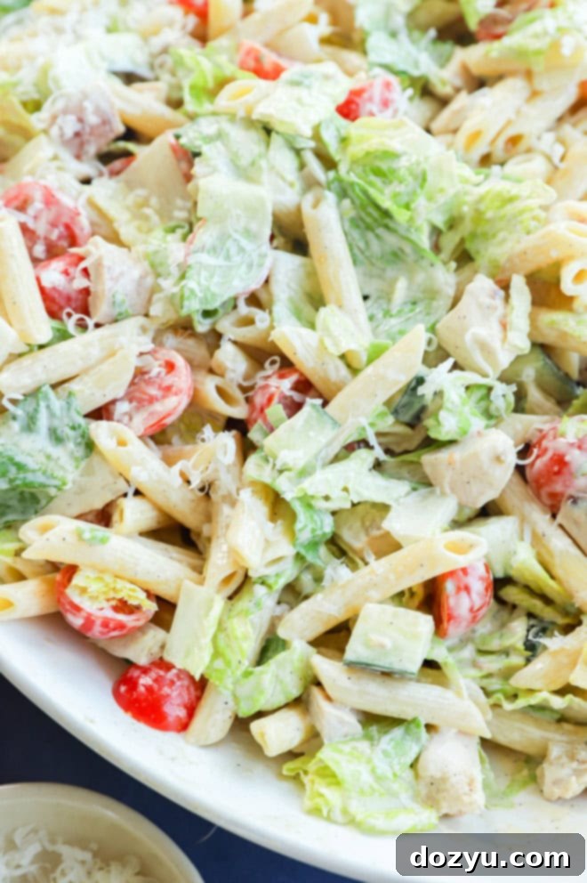 Creamy Caesar Chicken Pasta 8 easy penne dish with fresh vegetables and protein