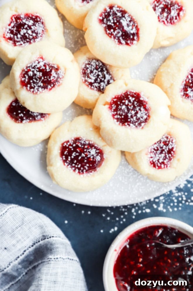 Jammy Raspberry Thumbprints 2 raspberry thumbprint cookies dusted with powdered sugar