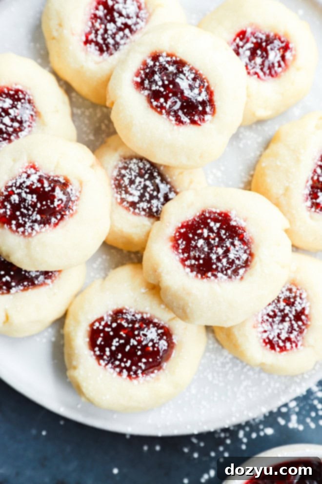 Jammy Raspberry Thumbprints 7 shortbread filled with jam and topped with powdered sugar