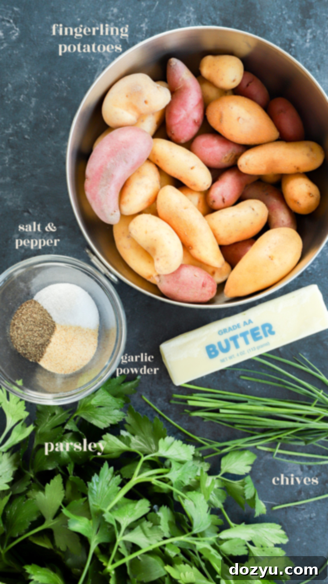 Golden Crispy Smashed Potatoes 3 smashed fingerling potatoes ingredients image with text labels