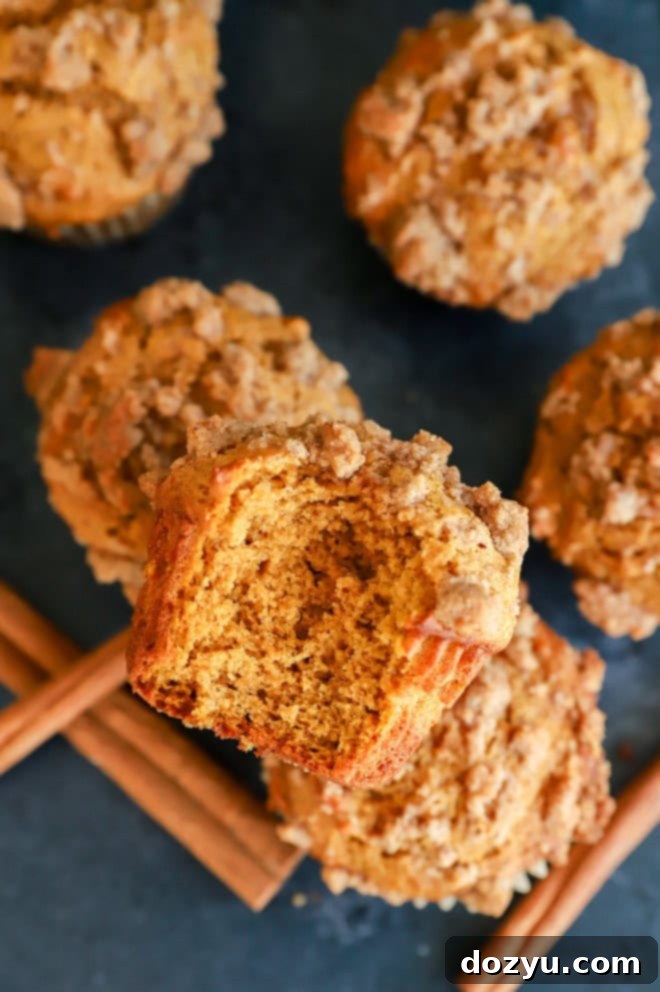 Spiced Pumpkin Banana Muffins 2 bite taken out of a pumpkin banana muffin on other muffins with cinnamon sticks
