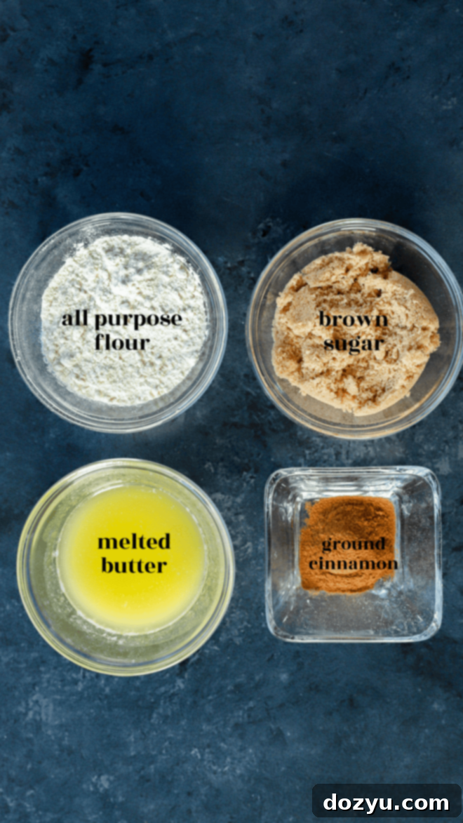 Spiced Pumpkin Banana Muffins 3 cinnamon crumble topping ingredients in bowls with text labels
