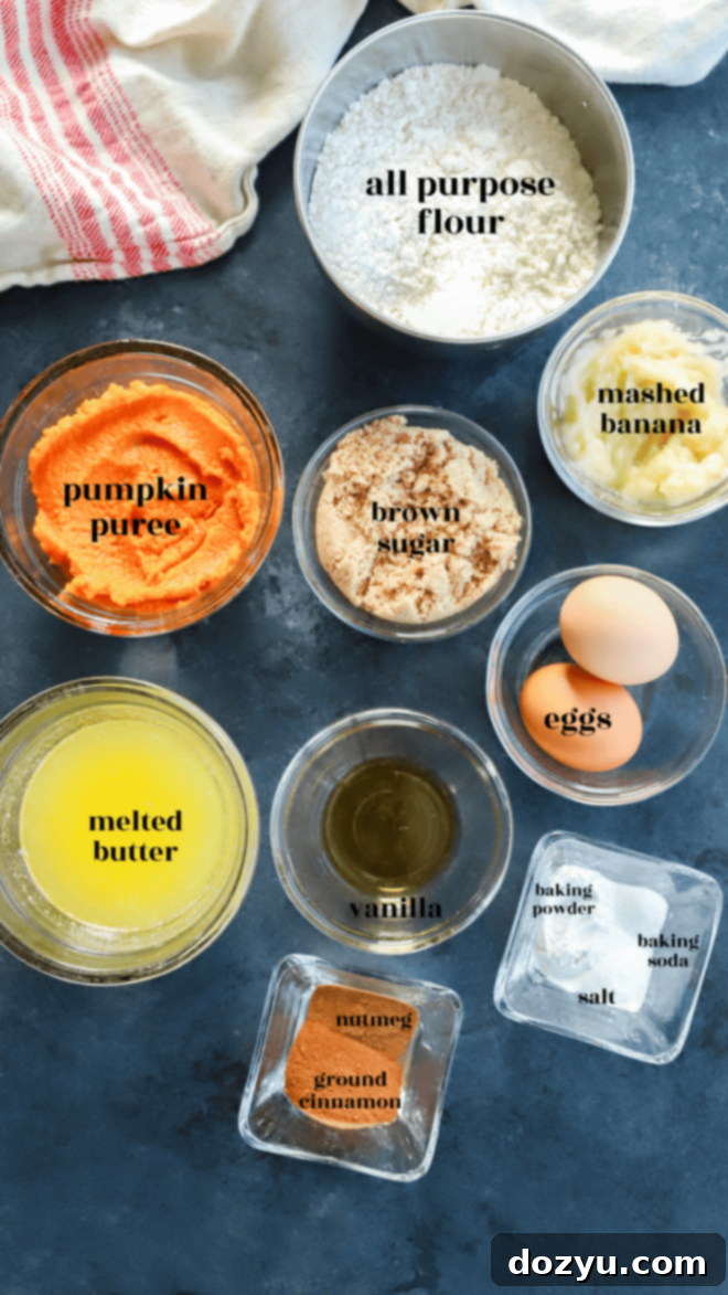 Spiced Pumpkin Banana Muffins 4 pumpkin banana muffin ingredients in bowls with text labels