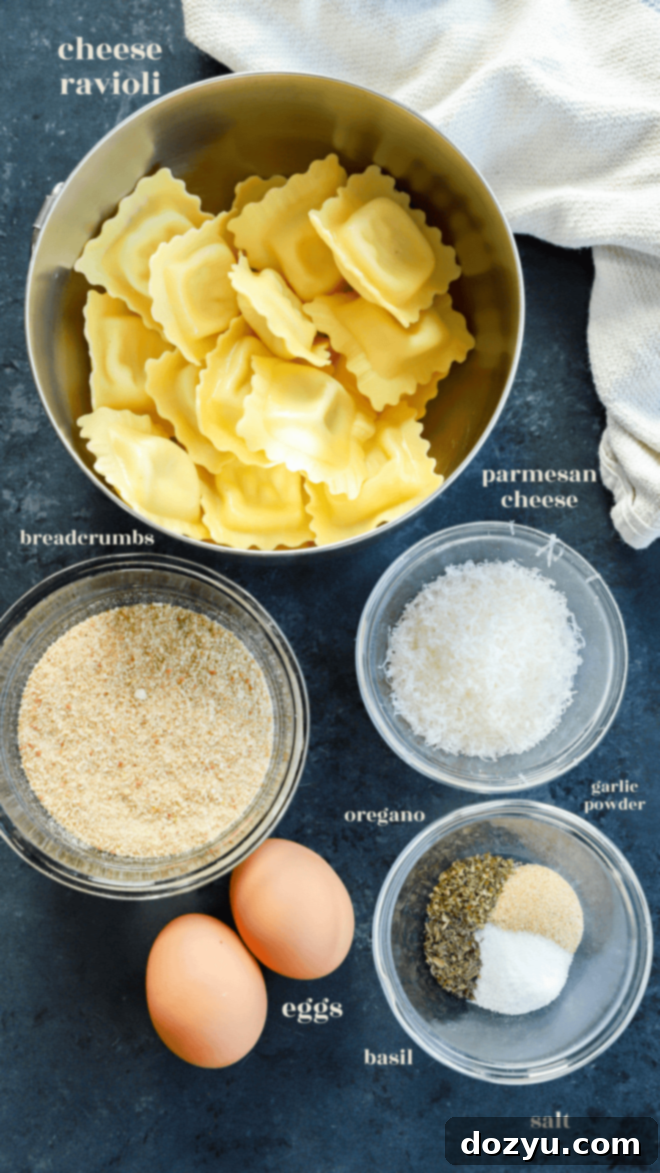 Golden Air Fryer Ravioli 3 Air fryer ravioli ingredients in bowls with text labels