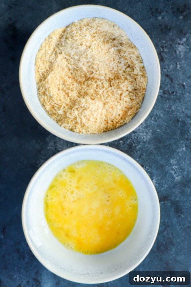 Golden Air Fryer Ravioli 4 bread crumbs and eggs in bowls for dredging