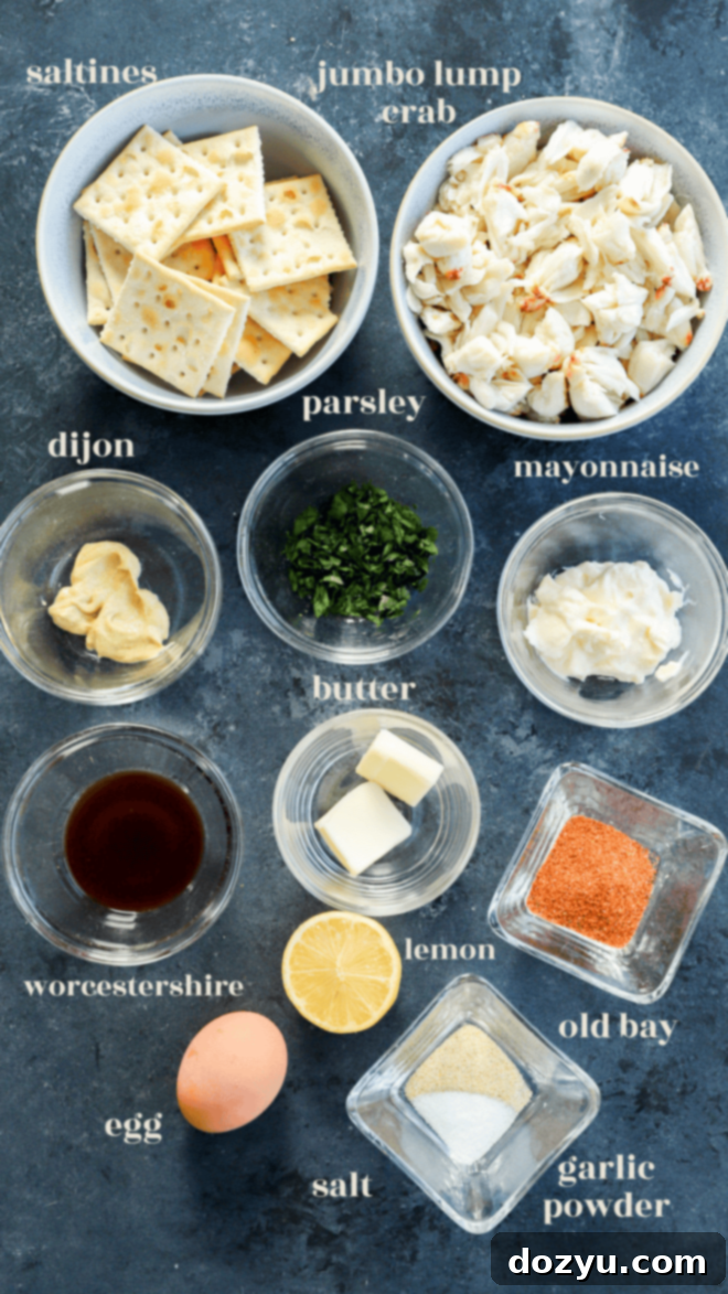 Golden Baked Crab Cakes 3 ingredients for baked crab cakes in bowls with text labels