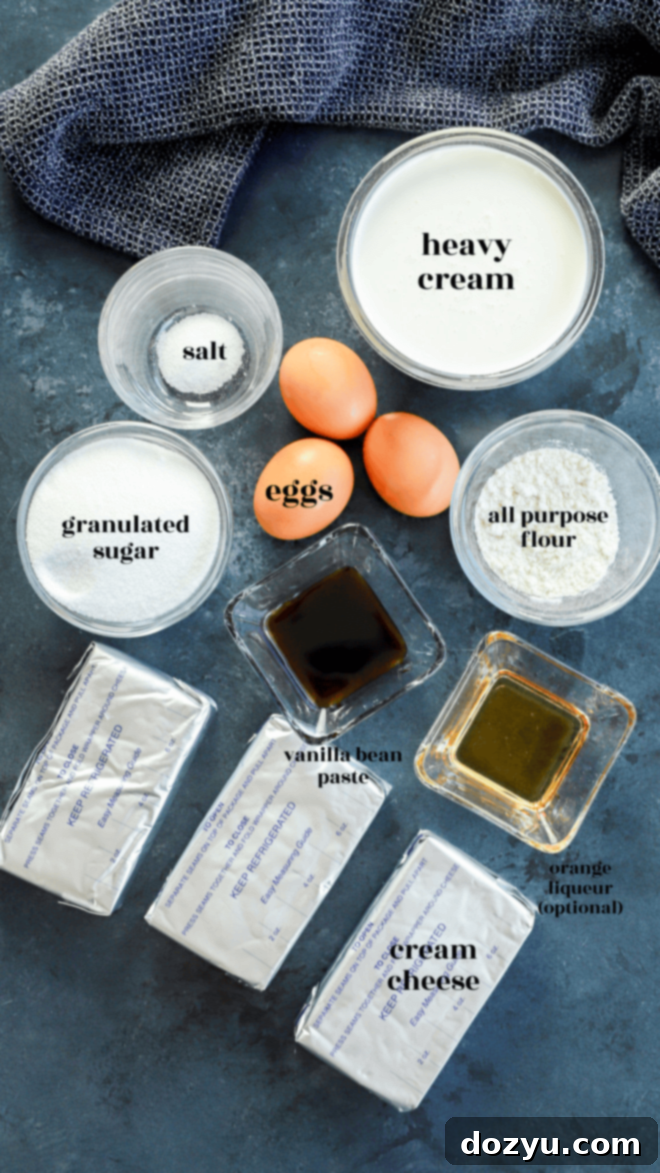 Vanilla Bean Basque Burnt Cheesecake 4 san sebastian cheesecake ingredients in bowls with text labels