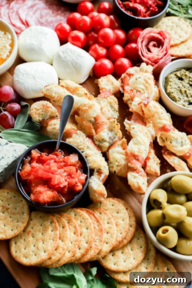 The Ultimate Italian Grazing Board 3 prosciutto cheese twists on italian charcuterie board