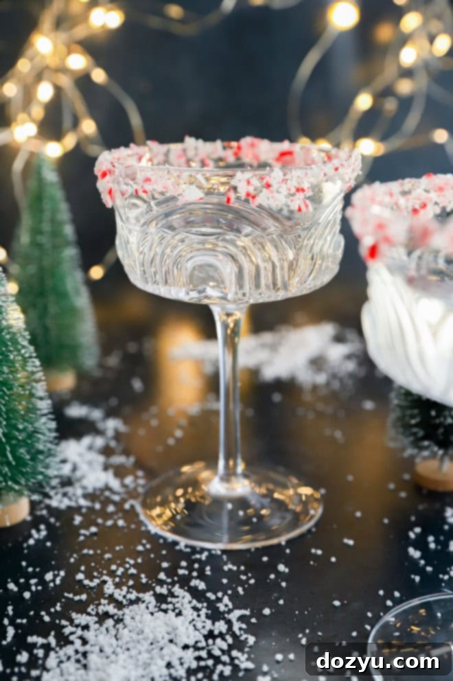 Refreshing Peppermint Martini 2 Festive peppermint martini in an elegant coupe glass, garnished with crushed candy cane, surrounded by mini Christmas trees and soft twinkle lights