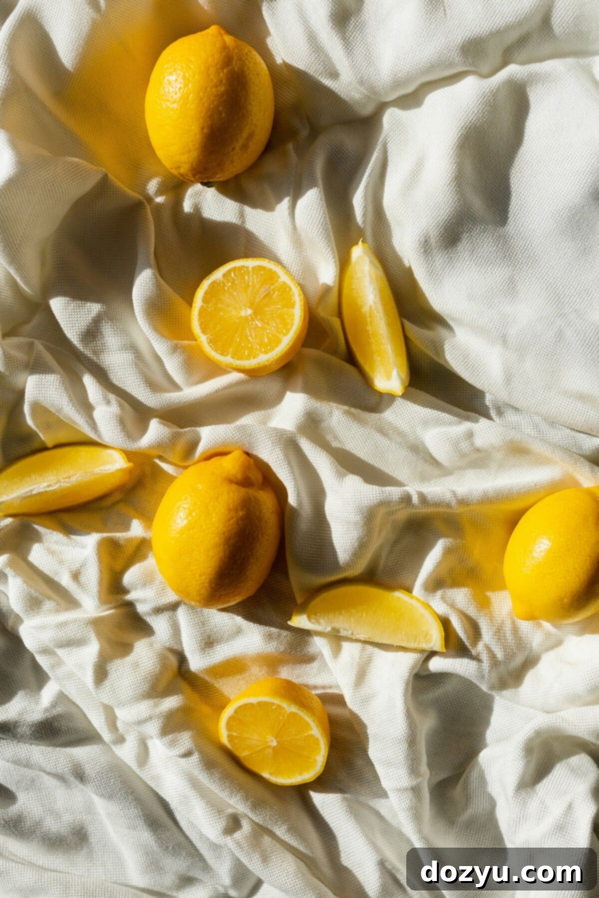 Classic Gin Sour Cocktail 3 Fresh, vibrant lemons resting on a cloth, ready for juicing